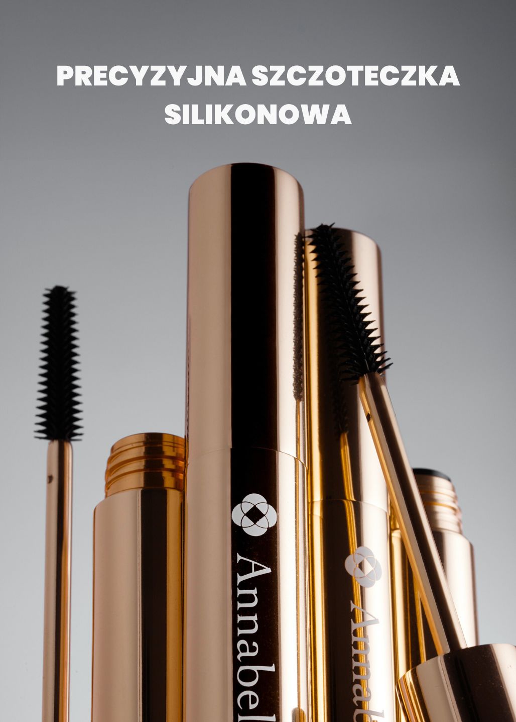 Różne tubki tuszów do rzęs z widoczną precyzyjną silikonową szczoteczką