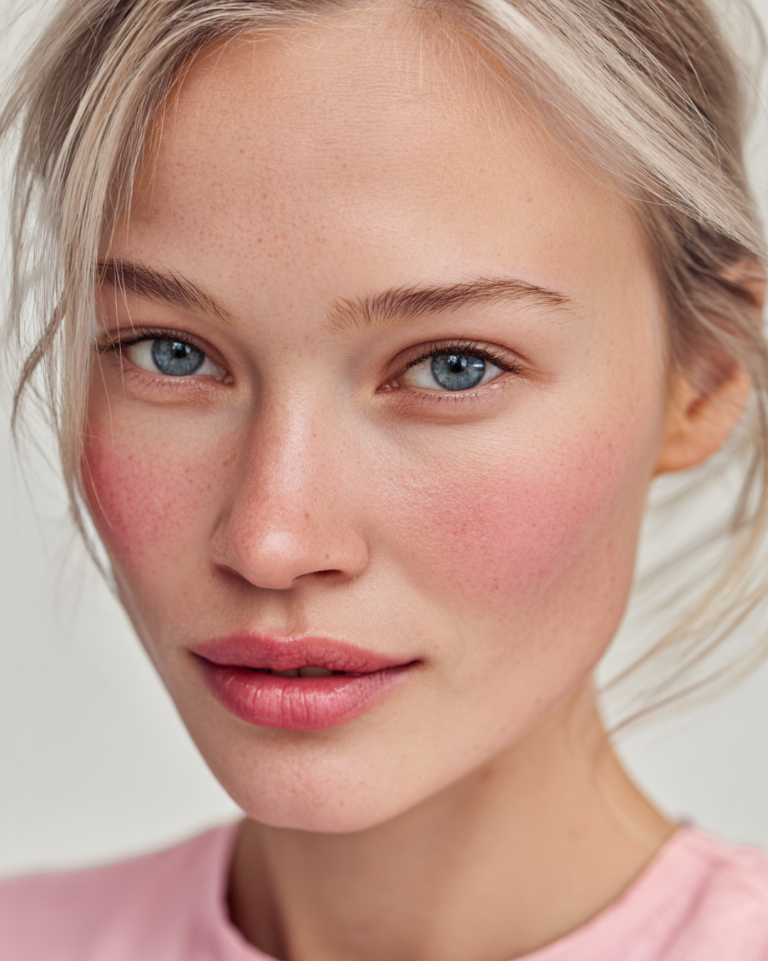 Portret kobiety z niebieskimi oczami, blond włosami i jasną skórą w typie kolorystycznym Jasne Lato z naturalnym makijażem