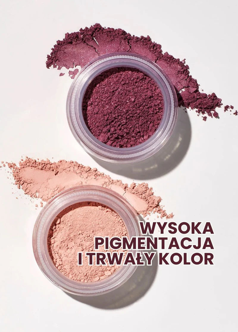 Fioletowy i różowy cień mineralny Annabelle Minerals z napisem o wysokiej pigmentacji