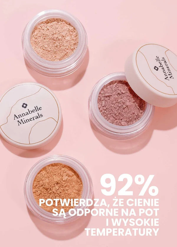 Cztery słoiczki cieni glinkowych Annabelle Minerals w różnych odcieniach na różowym tle