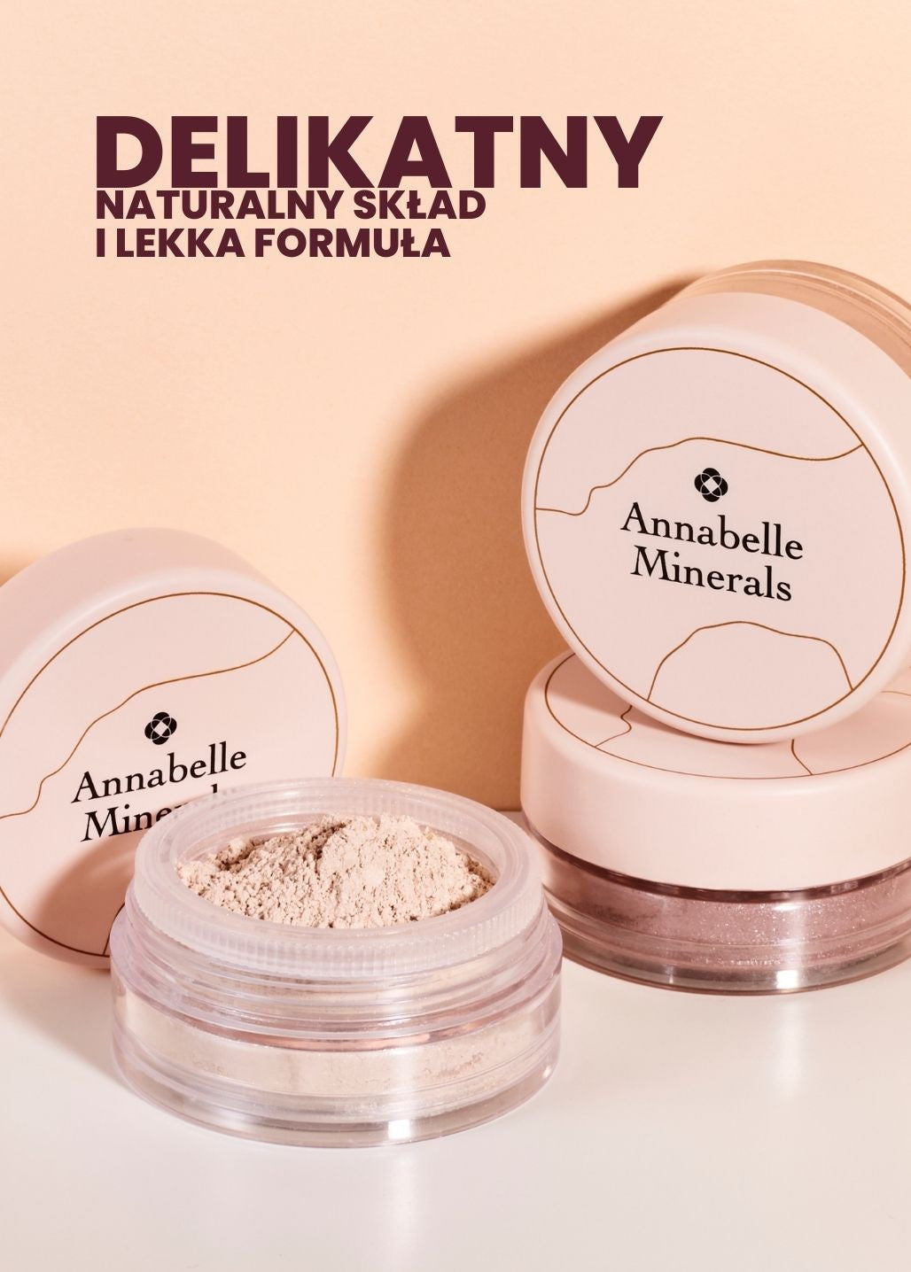 Cienie mineralne Annabelle Minerals z informacją o delikatnym naturalnym składzie i lekkiej formule