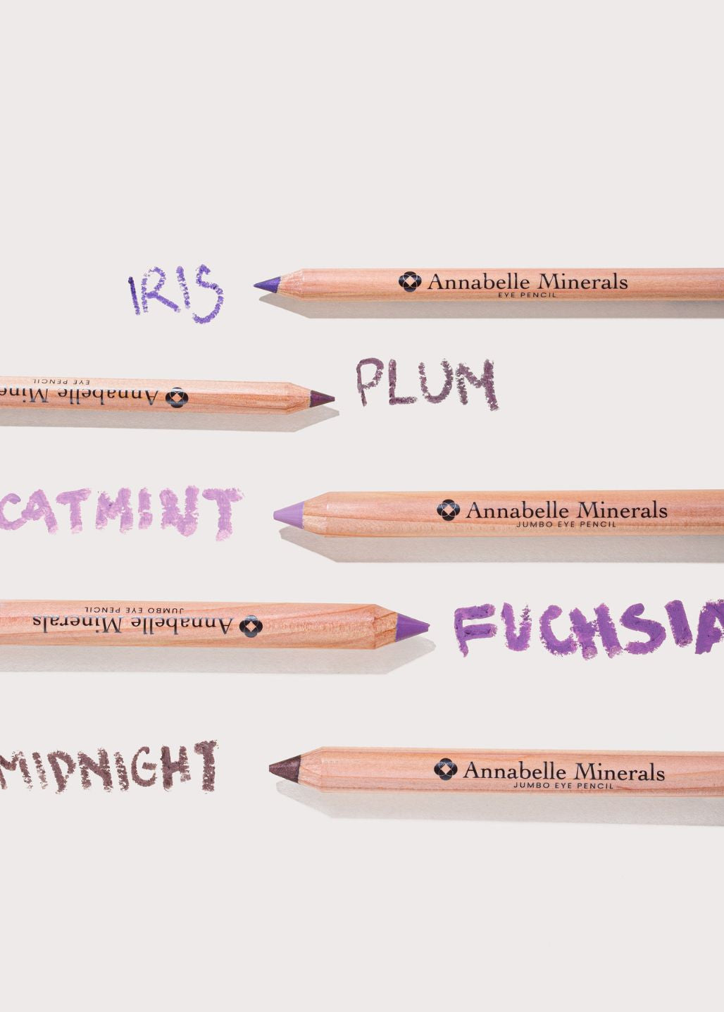 Kredki do oczu Annabelle Minerals w odcieniach Iris, Plum, Catmint, Fuchsia i Midnight