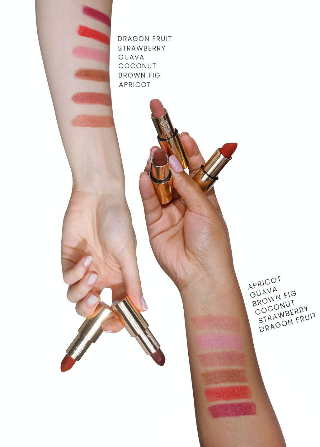 Swatche pomadek Annabelle Minerals w pastelowych i czerwonych odcieniach na skórze z nazwami kolorów obok