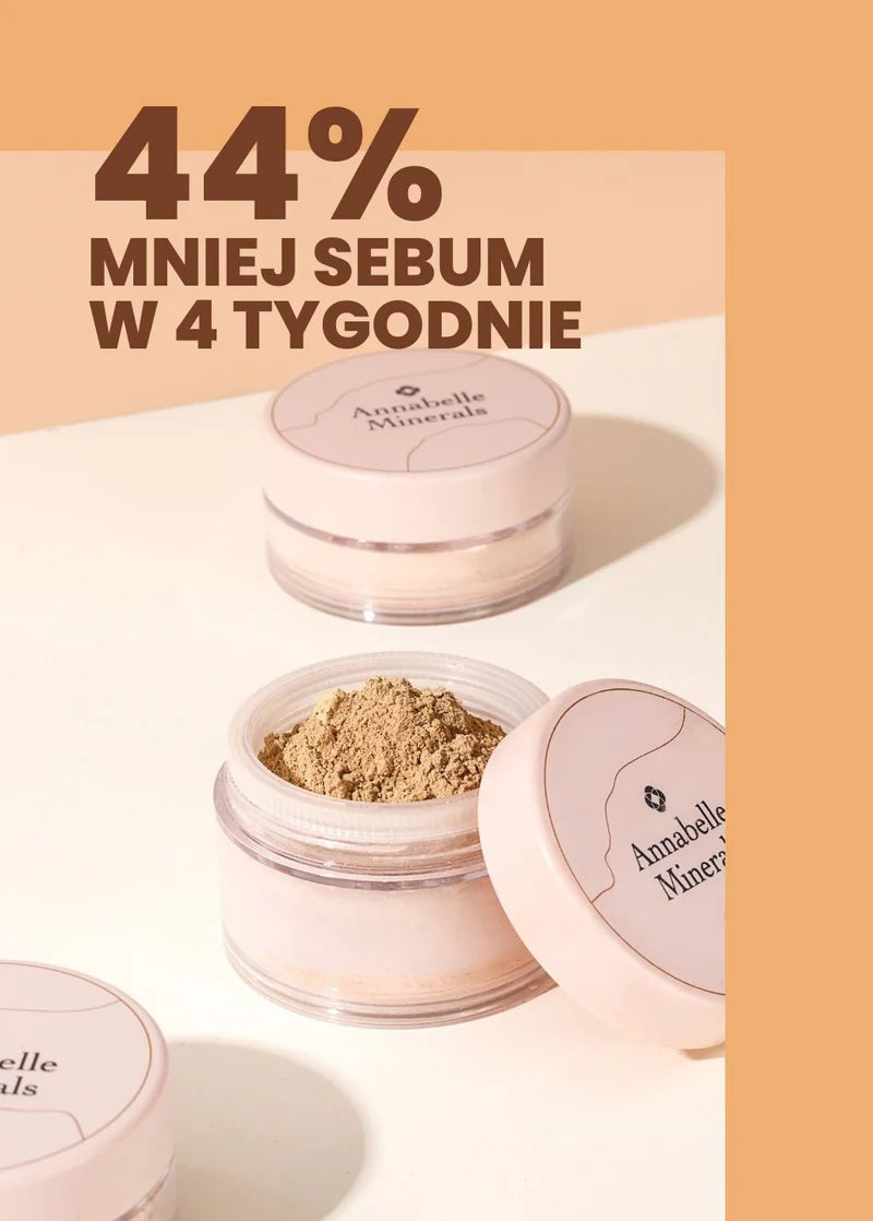 Okrągłe pojemniki z podkładem mineralnym kryjącym Annabelle Minerals redukującym sebum o 44% w ciągu czterech tygodni