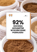 Różne odcienie podkładów mineralnych do makijażu z informacją o satynowym wykończeniu