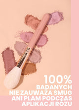 Pędzel do makijażu obok próbek różu  mineralnego Annabelle Minerals w różnych odcieniach, z informacją o braku smug przy aplikacji